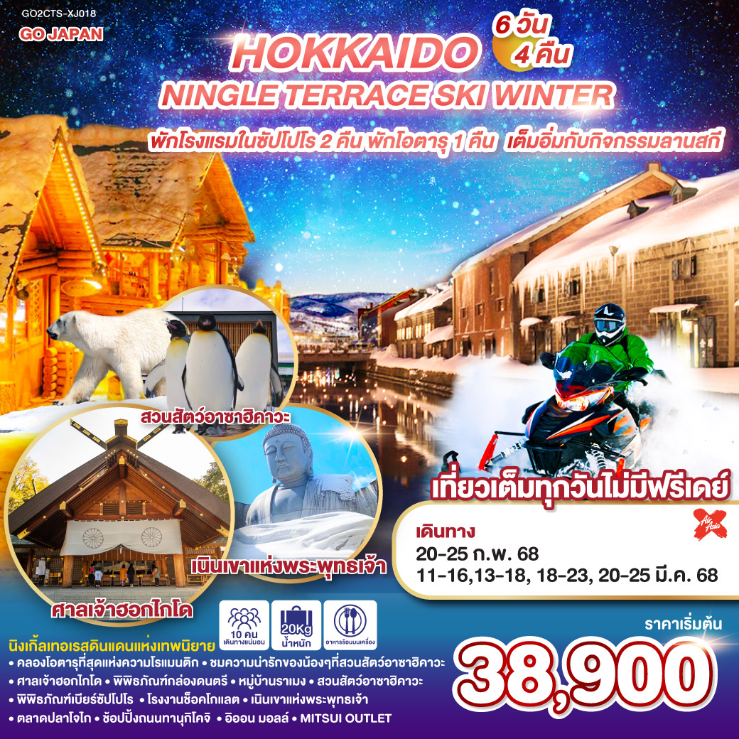 ทัวร์ญี่ปุ่น ฮอกไกโด HOKKAIDO NINGLE TERRACE SKI WINTER 6วัน4คืน ( XJ ) ม.ค.-มี.ค.68