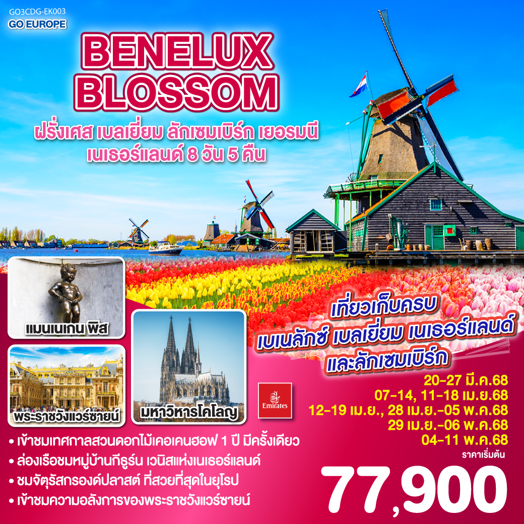 ทัวร์ยุโรป BENELUX BLOSSOM ฝรั่งเศส เบลเยี่ยม ลักเซมเบิร์ก เยอรมนี เนเธอร์แลนด์ 8วัน 5คืน (EK) มี.ค.-พ.ค.68