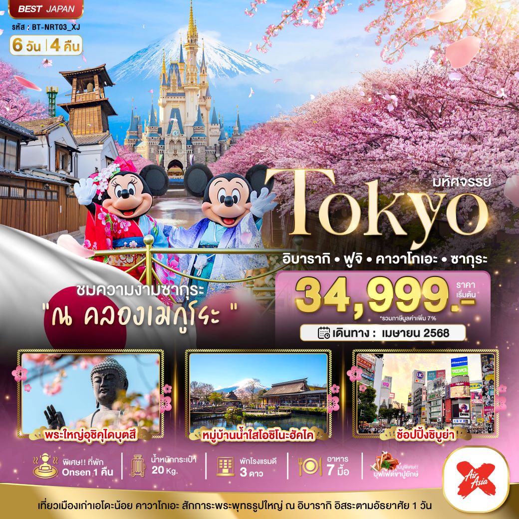 ทัวร์ญี่ปุ่น TOKYO อิบารากิ ฟูจิ คาวาโกเอะ ซากุระ 6 วัน 4 คืน (XJ) เมษายน 68