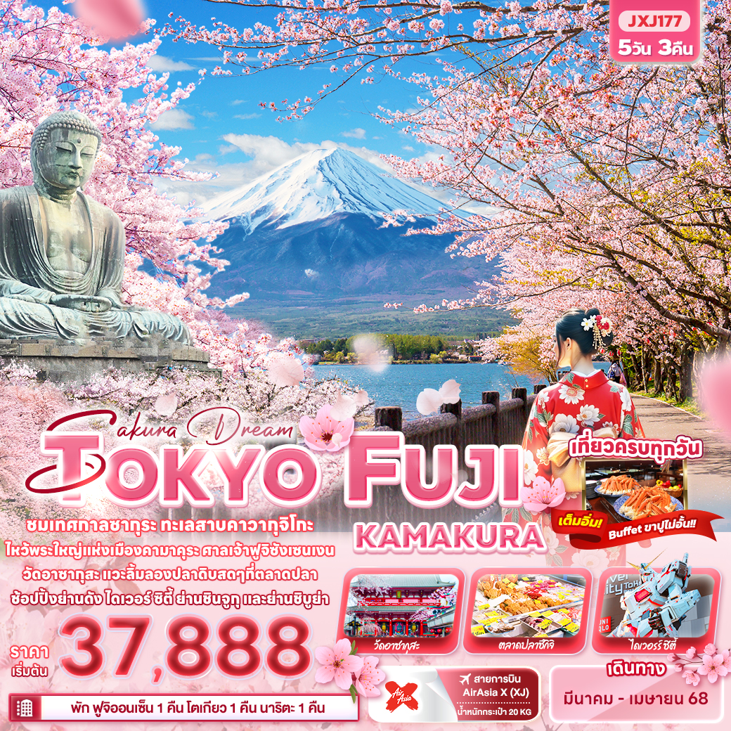 ทัวร์ญี่ปุ่น โตเกียว Sakura Dream TOKYO FUJI KAMAKURA 5วัน 3คืน (XJ) มีนาคม - เมษายน 68