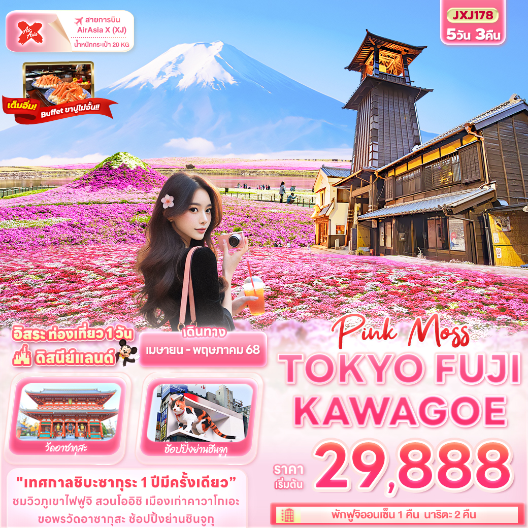 ทัวร์ญี่ปุ่น โตเกียว Pink Moss TOKYO FUJI KAWAGOE 5วัน 3คืน (XJ) เม.ย.-พ.ค.68